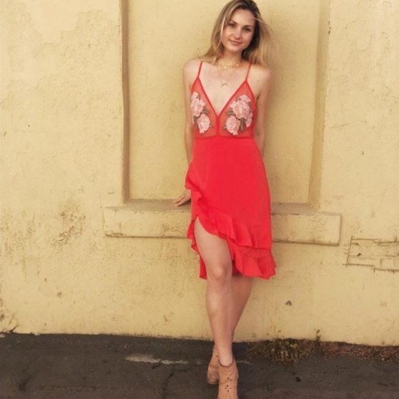 CleoBella Whispers Red Slip Dress Asymmetric Hem Embroidered - Picture 4 of 11